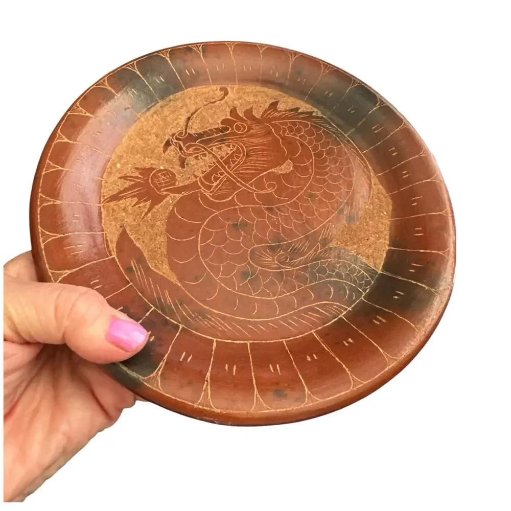 Vintage Indonesian Red Ware Etched Dragon Dish 7.5”